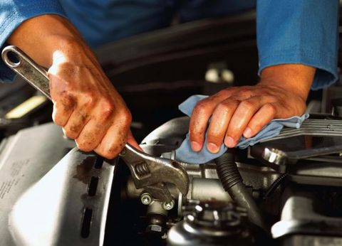 Auto mechanic, Mechanic, Automobile repair shop, Auto part, Metalworking hand tool, Hand, Engine, Hood, Trade, 