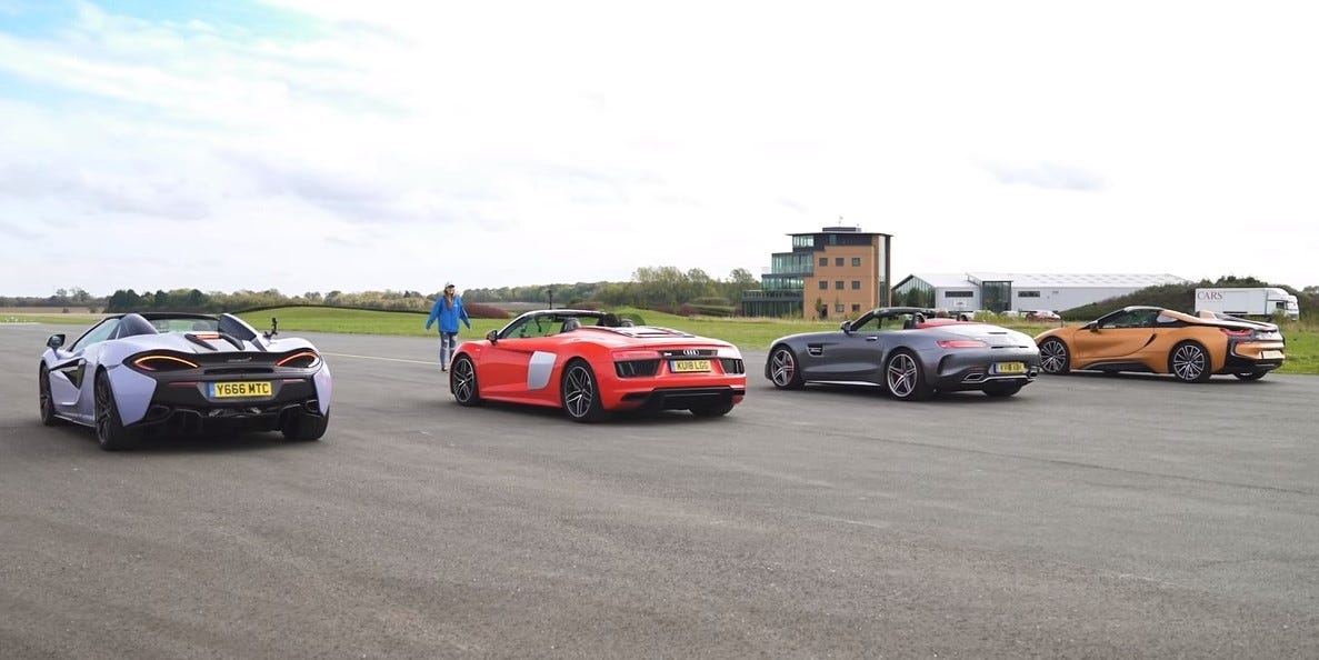 Duelo de descapotables: Audi R8 V10 Spyder vs. BMW i8 Roadster vs. McLaren 570S Spider vs. Mercedes-AMG GT C Roadster