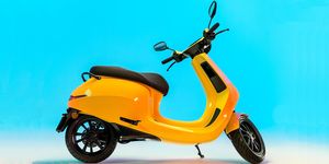 Vehicle, Motor vehicle, Scooter, Yellow, Mode of transport, Automotive design, Moped, Automotive wheel system, Car, Vespa, 