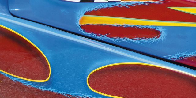 Red, Orange, Blue, Yellow, Close-up, Electric blue, Vehicle, Car, Colorfulness, Paint, 