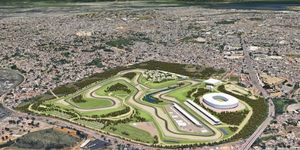 Race track, Sport venue, Bird's-eye view, Urban design, Land lot, Aerial photography, Landscape, Thoroughfare, Stadium, Residential area, 