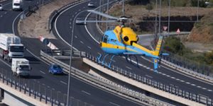 Helicopter, Road, Mode of transport, Rotorcraft, Transport, Aircraft, Infrastructure, Road surface, Asphalt, Helicopter rotor, 