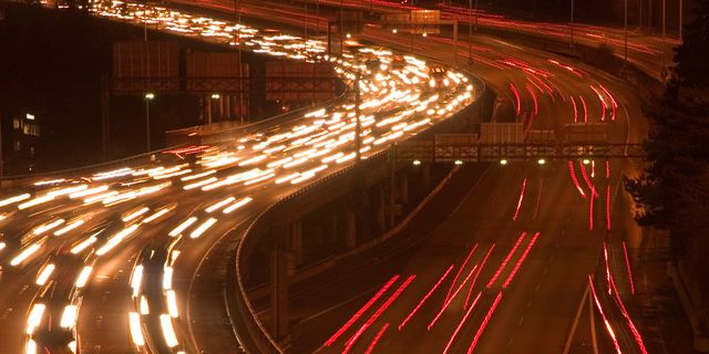 Road, Night, Infrastructure, Red, Highway, Road surface, Thoroughfare, Line, Lane, Freeway, 