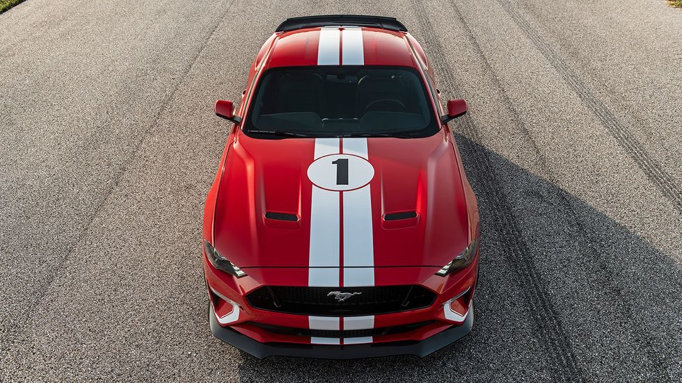 Land vehicle, Vehicle, Car, Hood, Performance car, Shelby mustang, Red, Automotive design, Motor vehicle, Sports car, 