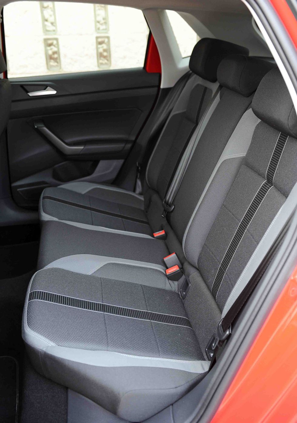 Land vehicle, Vehicle, Car, Car seat cover, Car seat, Red, Vehicle door, Mode of transport, Family car, Steering wheel, 
