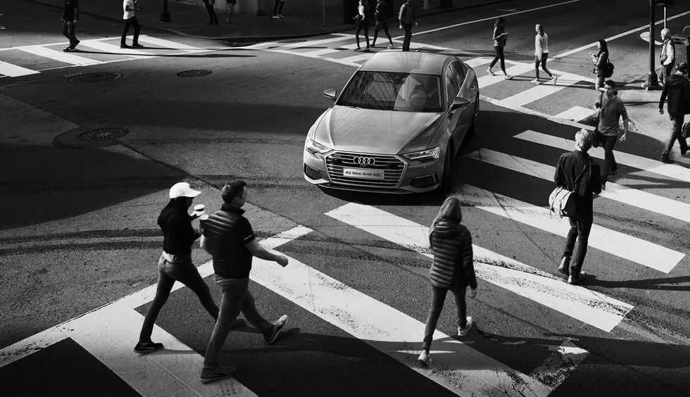 Vehicle, Car, Pedestrian crossing, Pedestrian, Road, Black-and-white, Monochrome, Street, Mode of transport, Infrastructure, 
