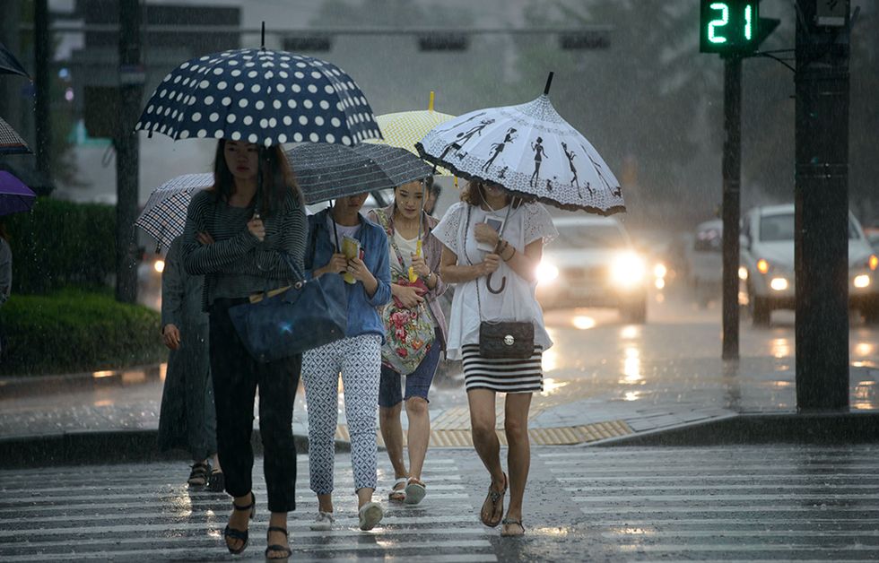 Umbrella, White, Photograph, Rain, Snapshot, Pedestrian, Street, Water, Fashion, Fashion accessory, 