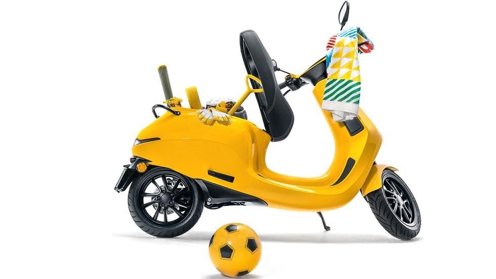 Vehicle, Yellow, Product, Motor vehicle, Riding toy, Toy, Mode of transport, Wheel, Scooter, Automotive design, 
