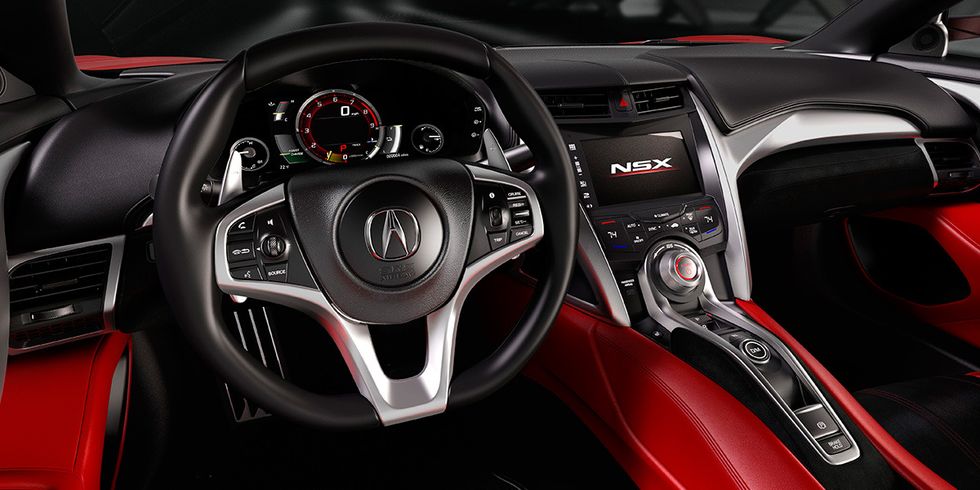Motor vehicle, Steering part, Mode of transport, Automotive design, Steering wheel, Red, Speedometer, White, Center console, Car, 