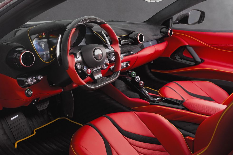 Land vehicle, Vehicle, Car, Center console, Steering wheel, Red, Automotive design, Supercar, Steering part, Car seat, 