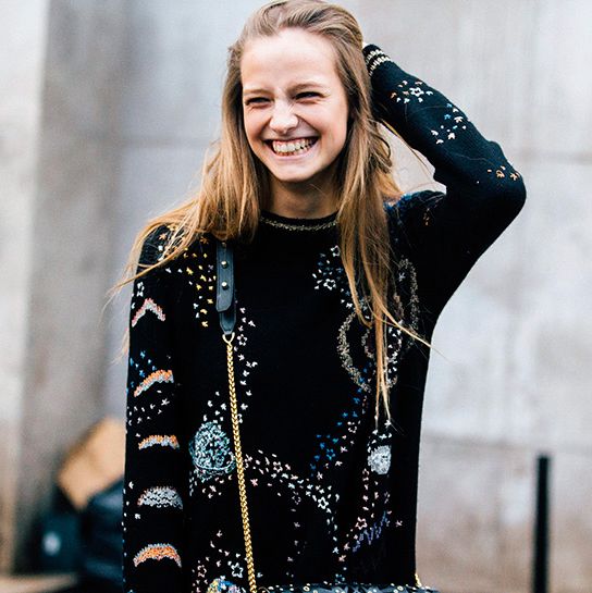 Sleeve, Facial expression, Street fashion, Jewellery, Blond, Long hair, Portrait photography, Necklace, Laugh, Photo shoot, 