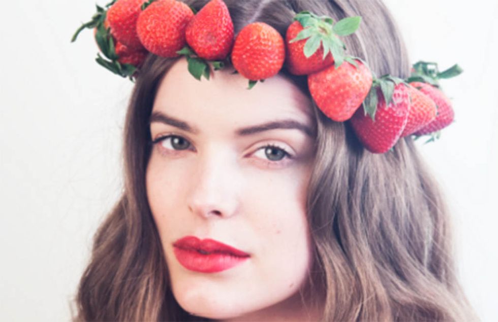 Mouth, Lip, Fruit, Eyelash, Strawberry, Strawberries, Natural foods, Hair accessory, Produce, Costume accessory, 