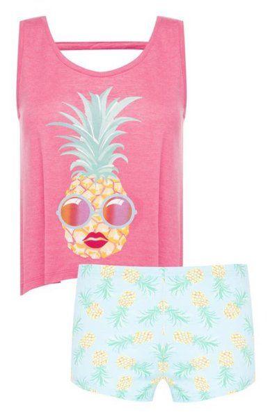 Clothing, Pineapple, Product, Pink, T-shirt, Yellow, Crop top, Sleeveless shirt, Sleeve, Shorts, 