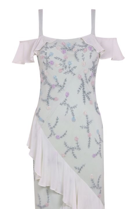 Clothing, Dress, Day dress, Shoulder, Lilac, Pink, Cocktail dress, Ruffle, Textile, Joint, 