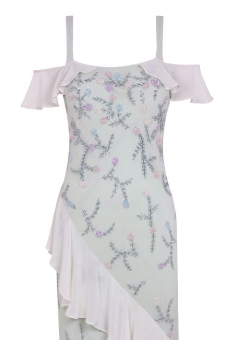Clothing, Dress, Day dress, Shoulder, Lilac, Pink, Cocktail dress, Ruffle, Textile, Joint, 