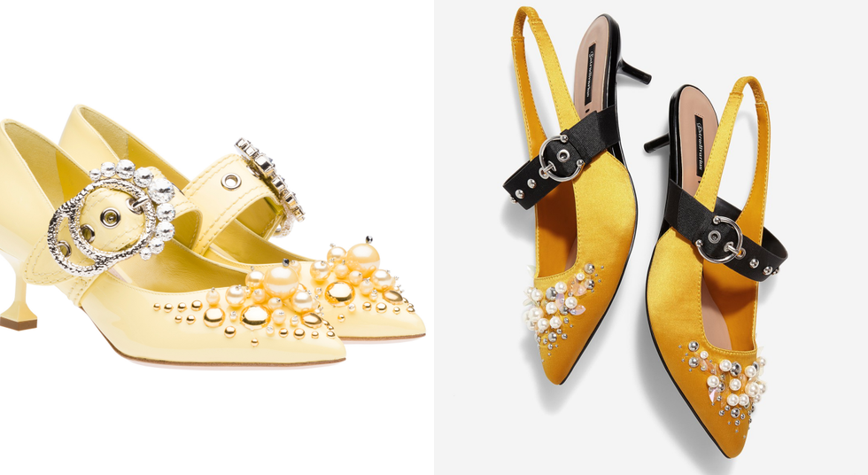Footwear, Shoe, Yellow, Slingback, High heels, Font, Sandal, Fashion accessory, 