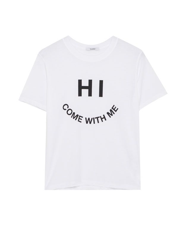 T-shirt, White, Clothing, Text, Sleeve, Product, Font, Top, Active shirt, Smile, 