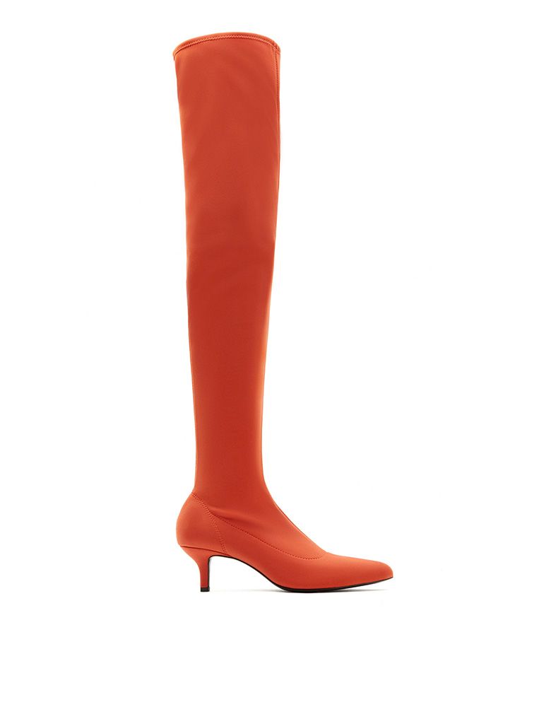Footwear, Orange, Boot, Knee-high boot, Shoe, Rain boot, Leg, Riding boot, Costume accessory, High heels, 