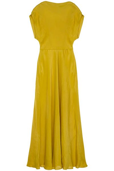 Clothing, Day dress, Dress, Yellow, Gown, Cocktail dress, Formal wear, A-line, Sleeve, One-piece garment, 