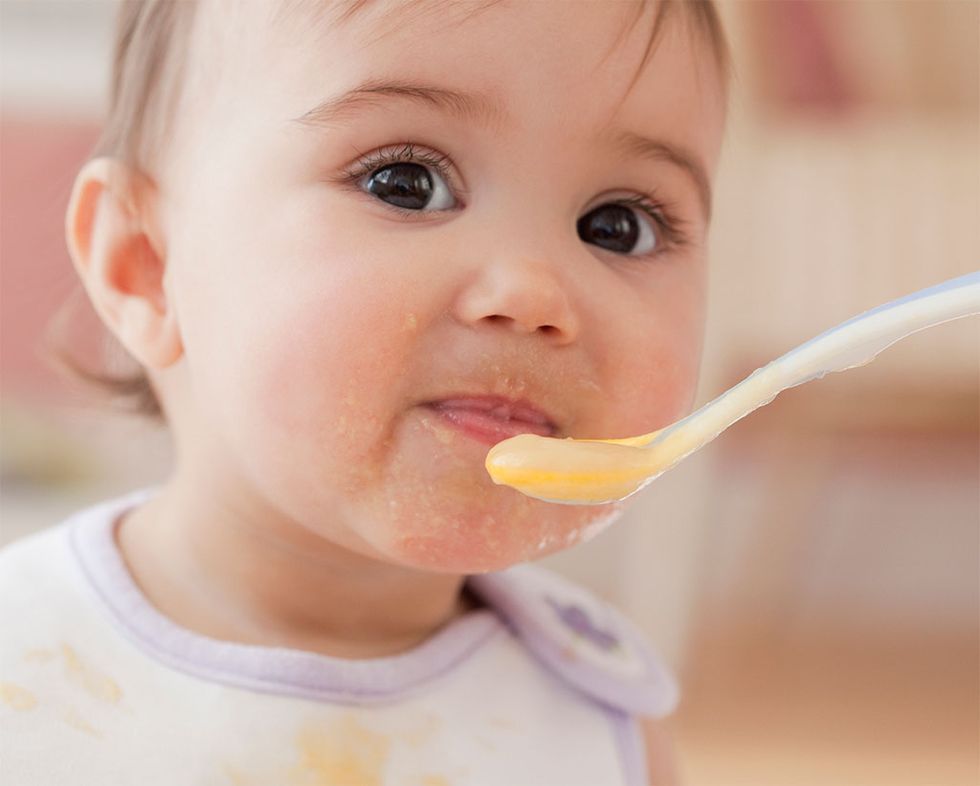 Child, Face, Toddler, Baby playing with food, Eating, Nose, Baby food, Baby, Spoon, Food, 