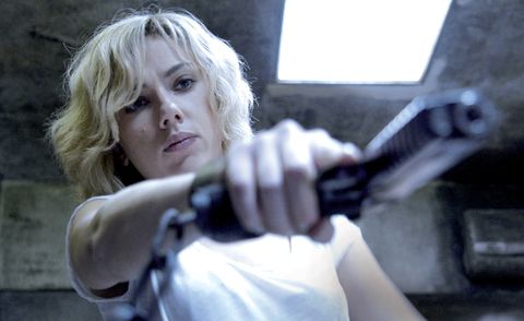 Shoulder, Blond, Fictional character, Air gun, Glove, Revolver, Action film, Portrait photography, Feathered hair, Acting, 