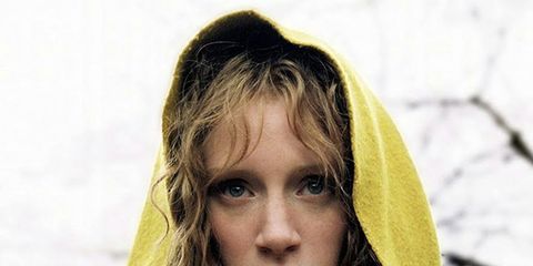 Face, Hair, Yellow, Outerwear, Hairstyle, Blond, Hood, Lip, Jacket, Hoodie, 