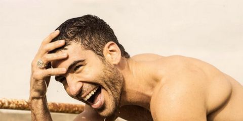 Hairstyle, Happy, Chest, Barechested, People in nature, Muscle, Jaw, Trunk, Facial hair, Abdomen, 