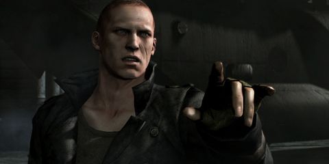 Chin, Jaw, Collar, Darkness, Animation, Fictional character, Leather, Thumb, Gesture, Buzz cut, 