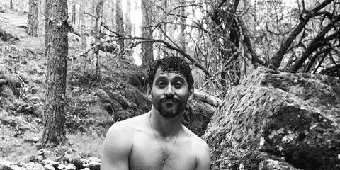 Barechested, Muscle, Sitting, Photography, Black-and-white, Monochrome photography, Chest, Tree, Monochrome, Trunk, 