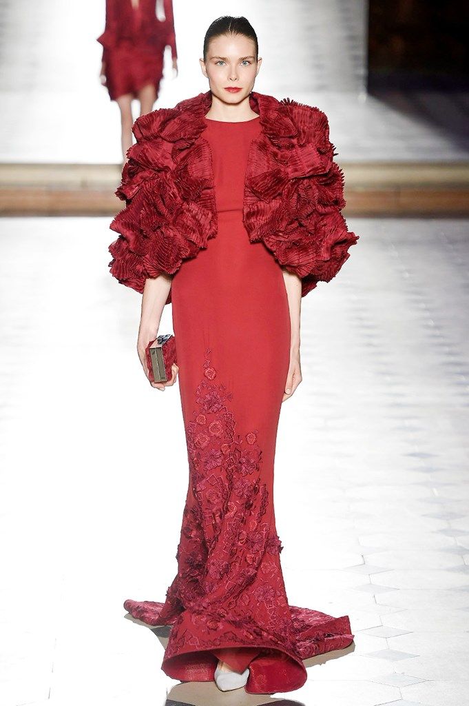 Fashion model, Fashion, Clothing, Haute couture, Runway, Fashion show, Dress, Red, Gown, Formal wear, 