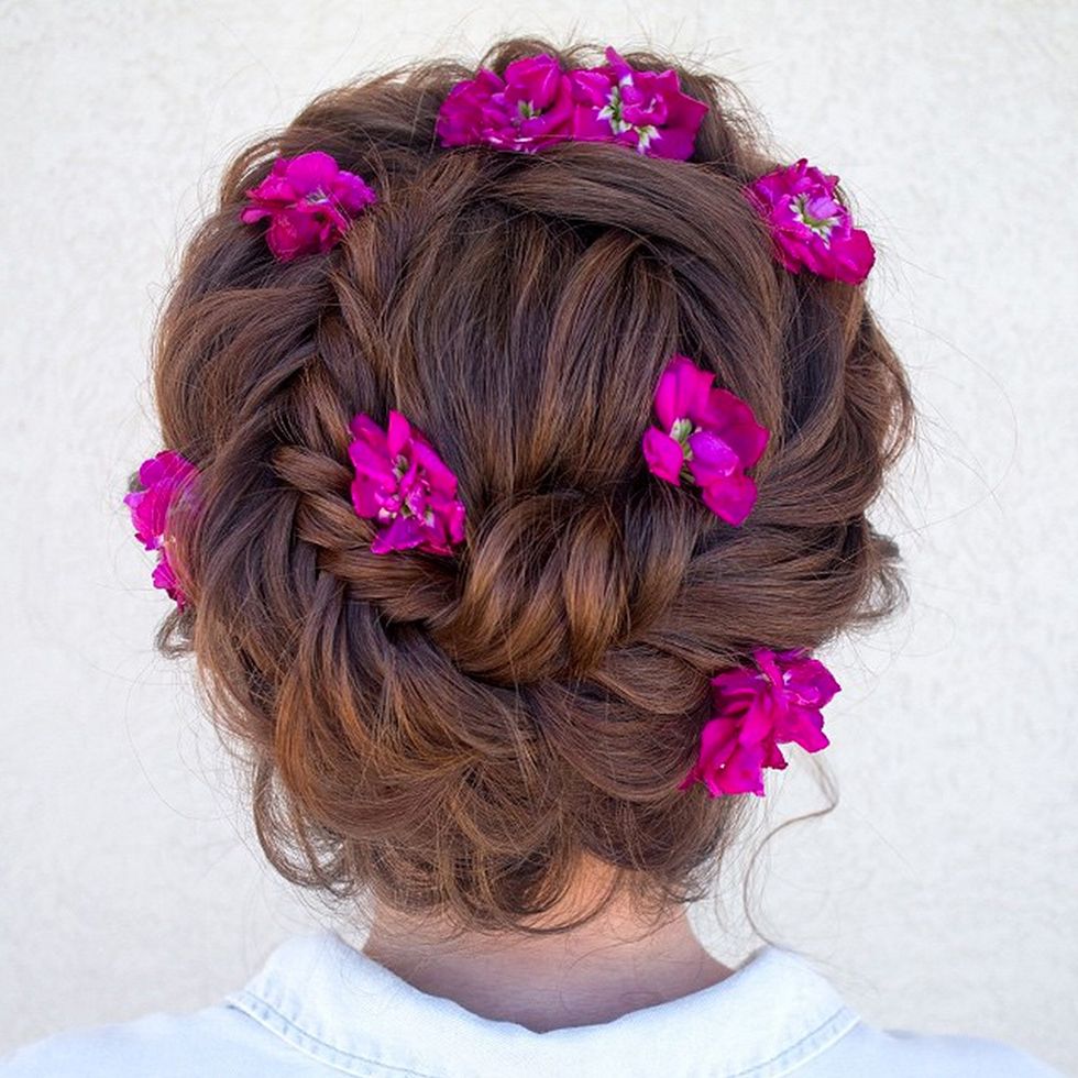 Hair, Hairstyle, Petal, Forehead, Hair accessory, Flower, Pink, Style, Magenta, Purple, 