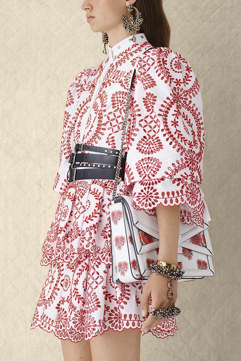 Clothing, Sleeve, Shoulder, Pattern, Textile, Bag, Red, Collar, Fashion accessory, Dress, 