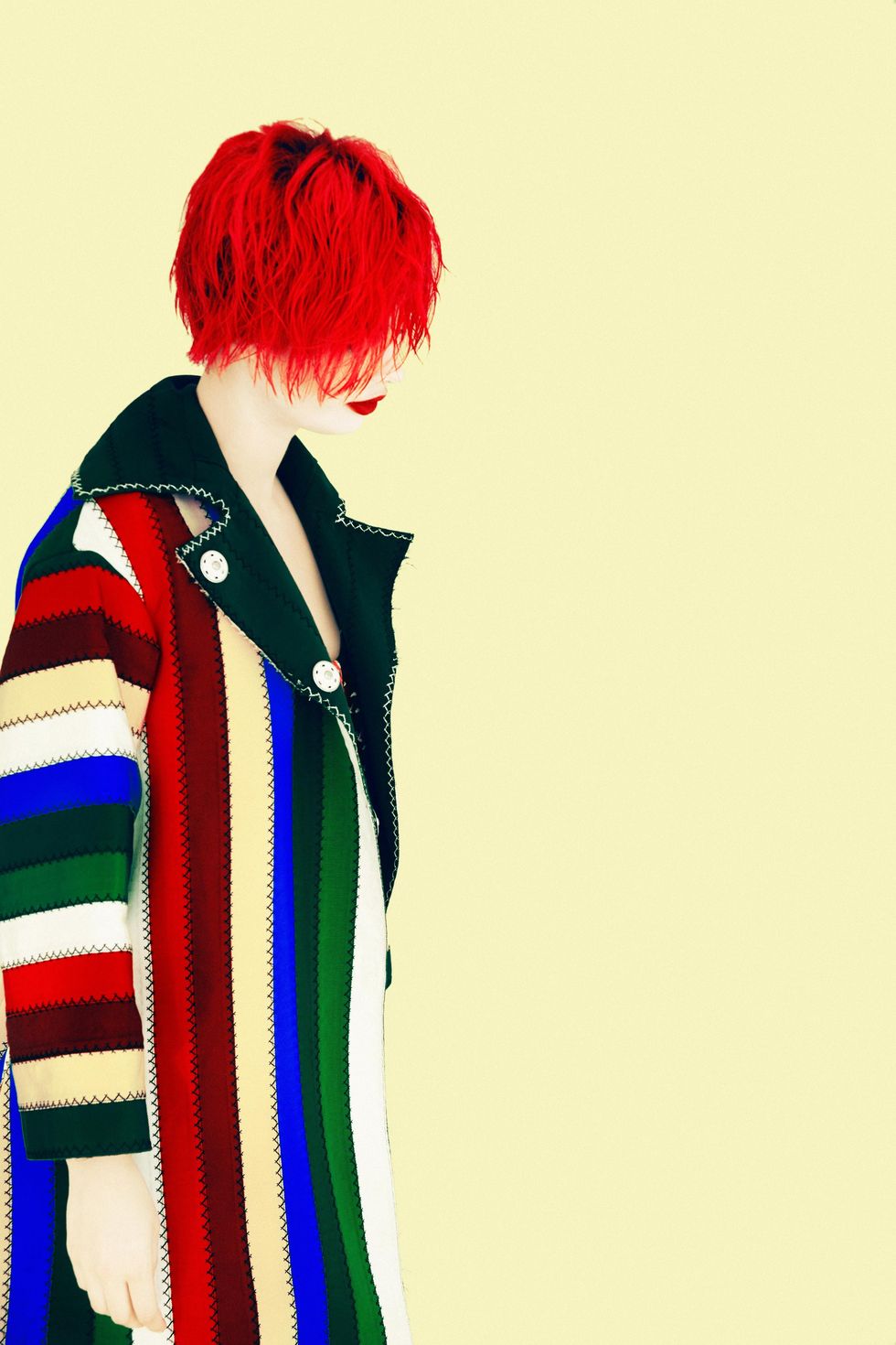 Collar, Style, Wig, Bangs, Red hair, Fashion illustration, Costume design, Costume, Blazer, Hair coloring, 