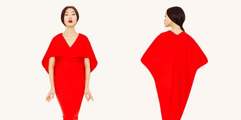 Sleeve, Shoulder, Standing, Red, Joint, Pattern, Style, Formal wear, Waist, One-piece garment, 