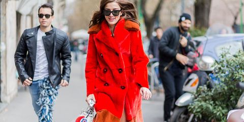Street fashion, Fashion, Clothing, Red, Coat, Orange, Outerwear, Overcoat, Fur, Eyewear, 