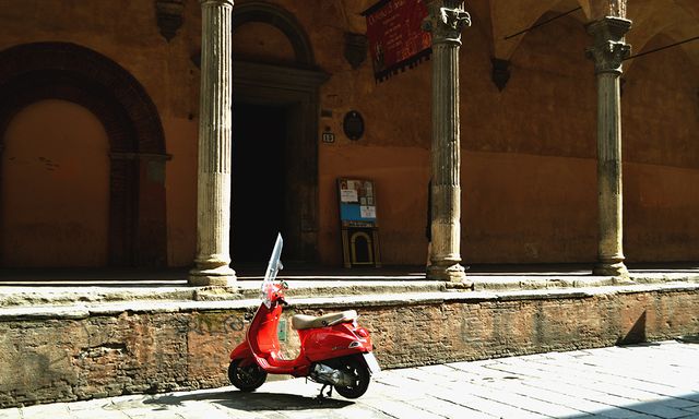 Red, Scooter, Mode of transport, Vehicle, Vespa, Snapshot, Architecture, Street, Photography, City car, 