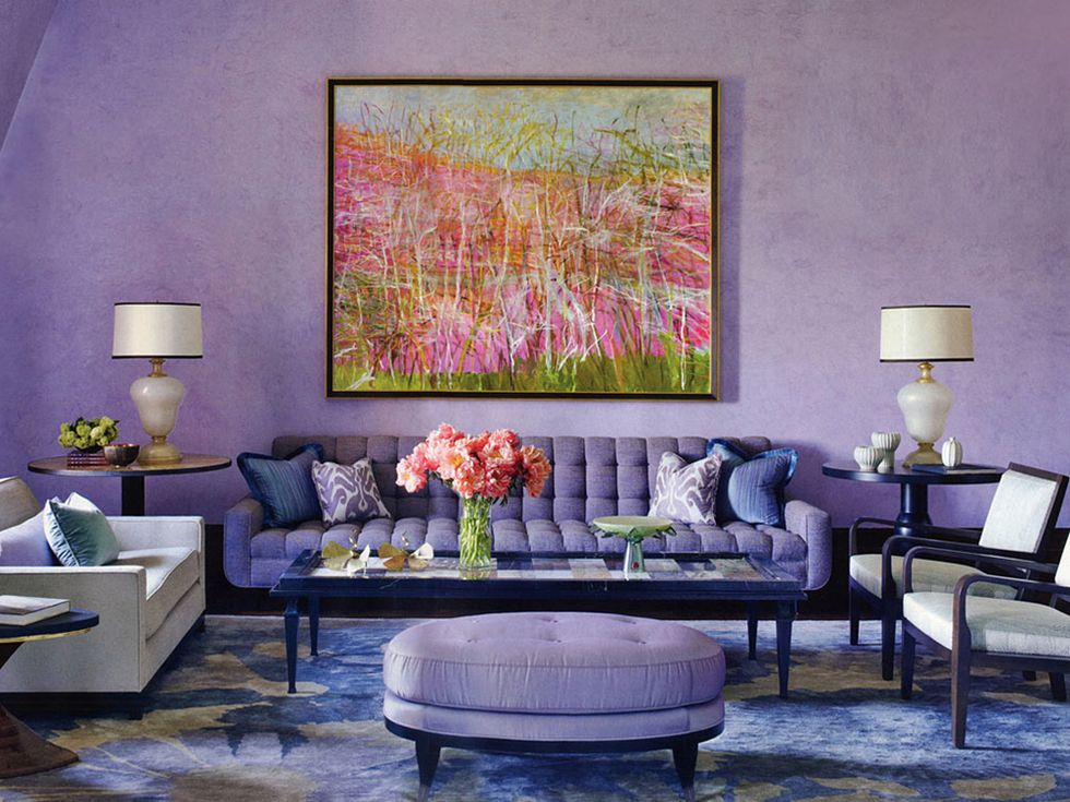 Living room, Room, Purple, Interior design, Furniture, Modern art, Violet, Wall, Coffee table, Table, 