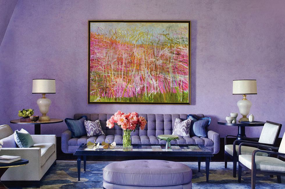 Living room, Room, Purple, Interior design, Furniture, Modern art, Violet, Wall, Coffee table, Table, 