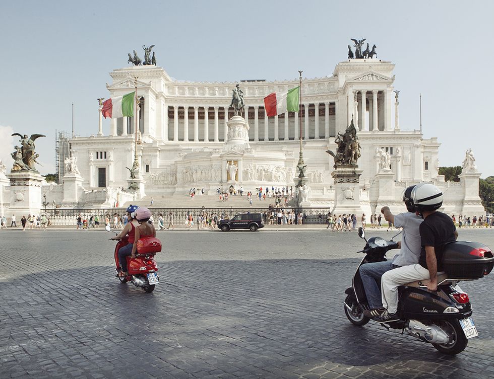 Vehicle, Scooter, Mode of transport, Vespa, Tourism, Town square, Architecture, City, Street, Building, 