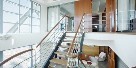 Stairs, Wood, Property, Interior design, Room, Floor, Real estate, Glass, Handrail, Fixture, 