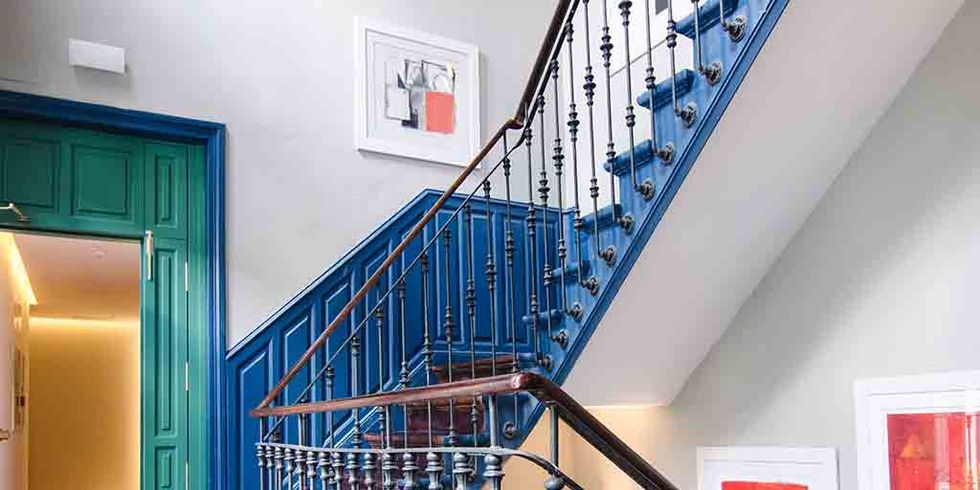 Stairs, Blue, Interior design, Floor, Architecture, Room, Property, Handrail, Baluster, Wall, 