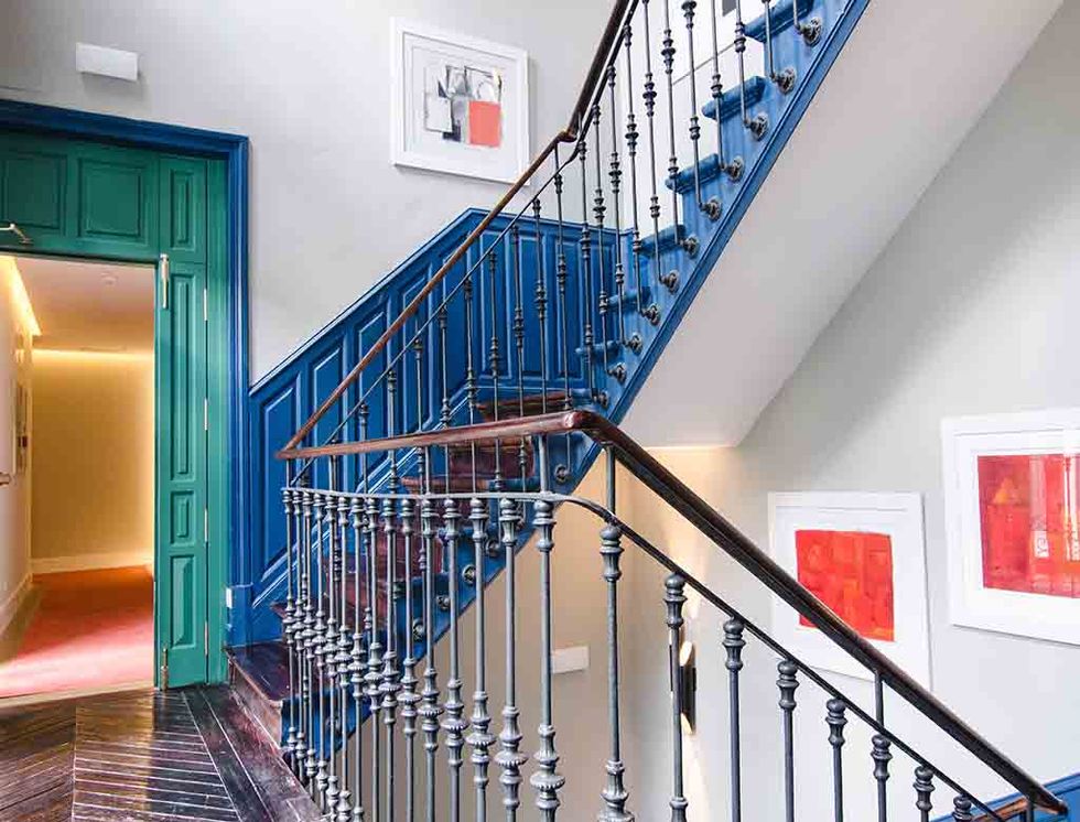 Stairs, Blue, Interior design, Floor, Architecture, Room, Property, Handrail, Baluster, Wall, 