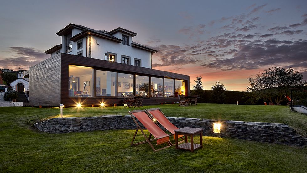 House, Home, Real estate, Residential area, Facade, Outdoor furniture, Dusk, Evening, Lawn, Sunset, 