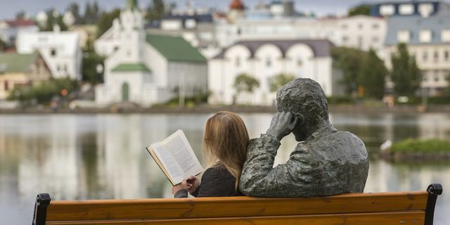 Bench, Sitting, Sculpture, Reading, Love, Outdoor furniture, Outdoor bench, Back, Street furniture, Statue, 