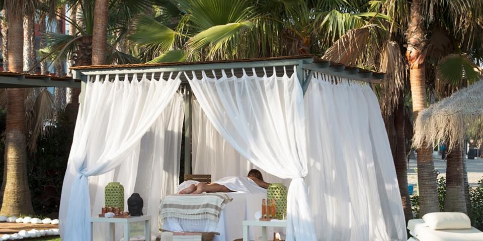 Textile, Linens, Arecales, Shade, Outdoor furniture, Tablecloth, Garden, Palm tree, Yard, Home accessories, 