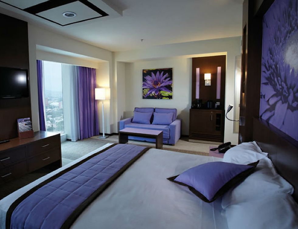 Bedroom, Room, Furniture, Purple, Interior design, Property, Suite, Bed, Building, Violet, 