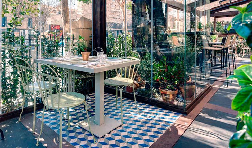 Table, Flowerpot, Outdoor table, Tile, Houseplant, Tile flooring, Restaurant, Outdoor furniture, Outdoor structure, Courtyard, 