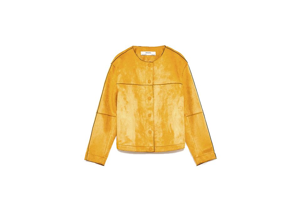 Clothing, Yellow, Outerwear, Jacket, Sleeve, Leather, Leather jacket, Sweater, Top, Blouse, 
