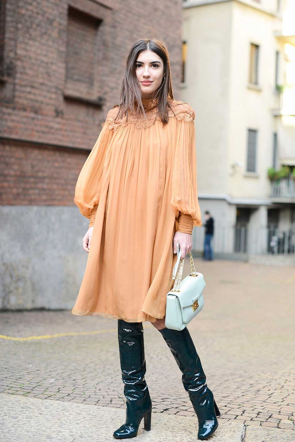 Clothing, Brown, Sleeve, Textile, Outerwear, Boot, Style, Street fashion, Dress, Knee, 