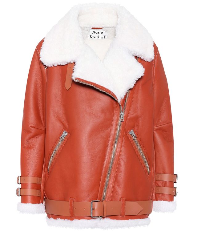 Clothing, Jacket, Leather, Outerwear, Leather jacket, Sleeve, Orange, Textile, Zipper, Fur, 